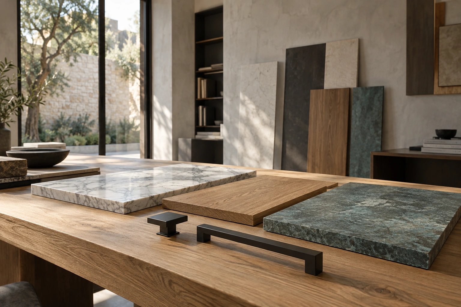 Studio di materiali: marmo, legno e superfici minerali con accessori neri