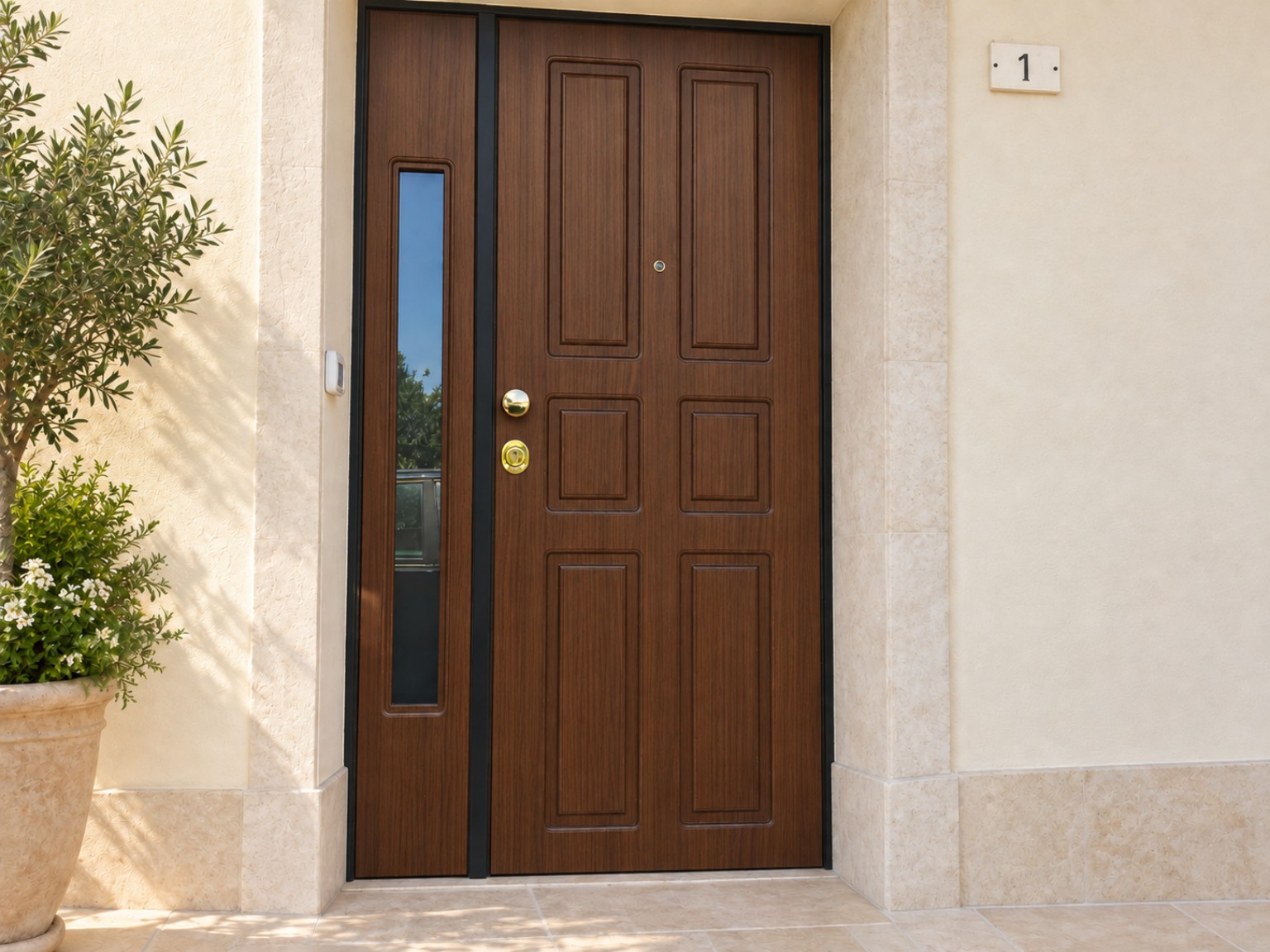 Ingresso Aerre con pannello in legno e fianco vetrato